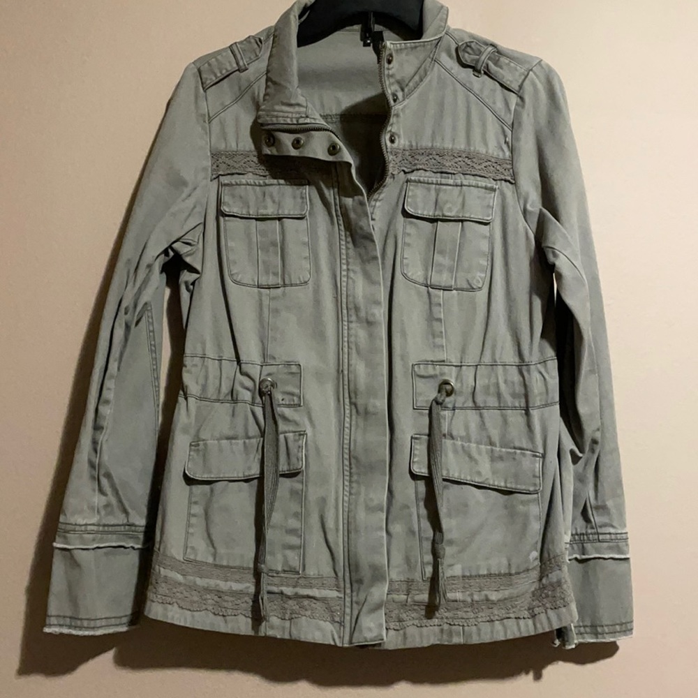 Green utility jacket with lace trim. Size medium. Brand Maurices.